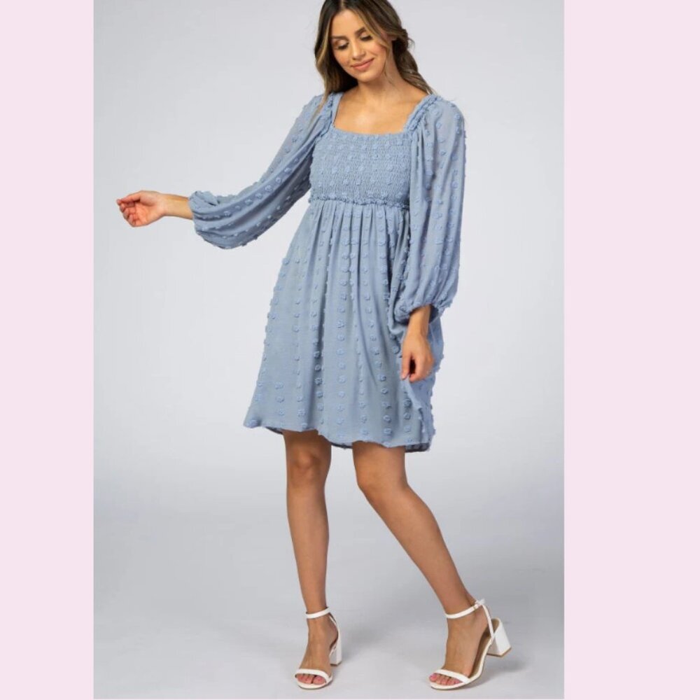 Listicle Light Blue Swiss Dot Long Sleeve Smocked Dress